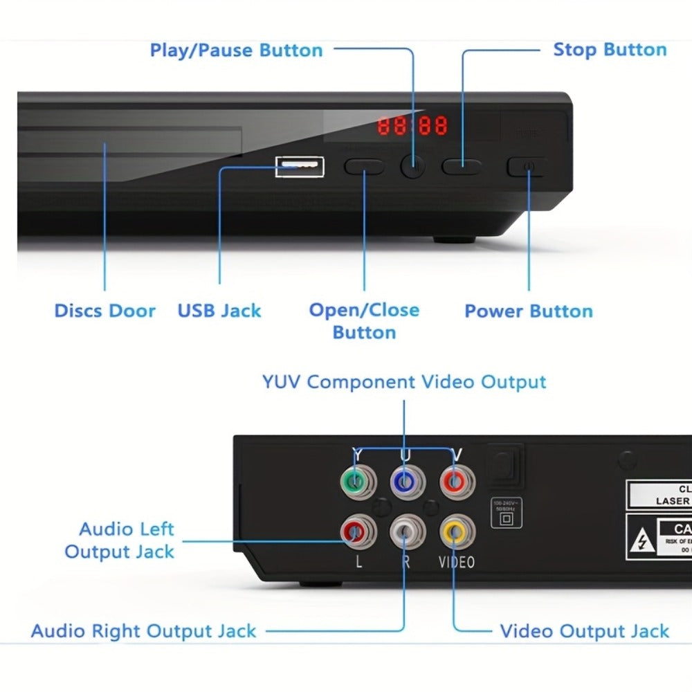 1080P Full Region DVD Player for Elderly, HD AV Output USB Direct Read Smart Error Correction, Easy Home DVD Player with Remote Control