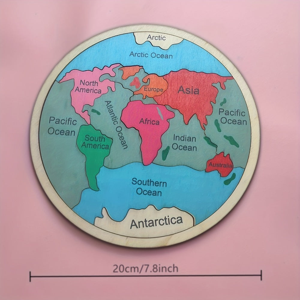 Wooden World Map Puzzle for Kids, Seven Continents Geography Learning Toy, Colorful STEM Educational Puzzle