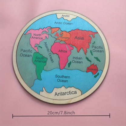 Wooden World Map Puzzle for Kids, Seven Continents Geography Learning Toy, Colorful STEM Educational Puzzle