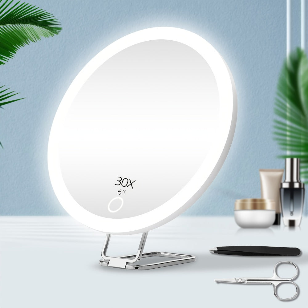 30X LED Magnifying Mirror Rechargeable 6-Inch Lighted Handheld Pocket Mirror with Hanging Loop – Portable Travel Vanity Mirror for Precision