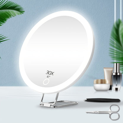 30X LED Magnifying Mirror Rechargeable 6-Inch Lighted Handheld Pocket Mirror with Hanging Loop – Portable Travel Vanity Mirror for Precision