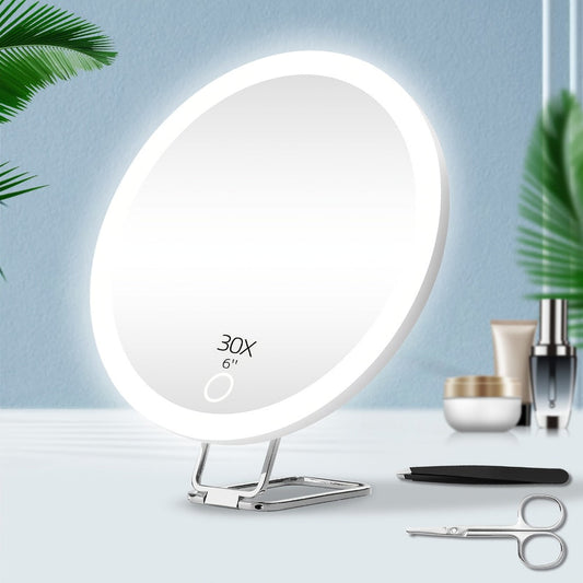 30X LED Magnifying Mirror Rechargeable 6-Inch Lighted Handheld Pocket Mirror with Hanging Loop – Portable Travel Vanity Mirror for Precision