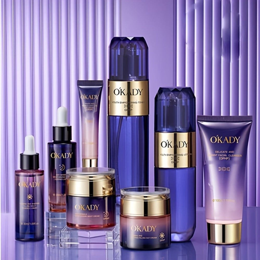 Skincare Set with OKADY Label, 8 Collagen and Hyaluronic Acid Product Items in Blue Gold Gift Box