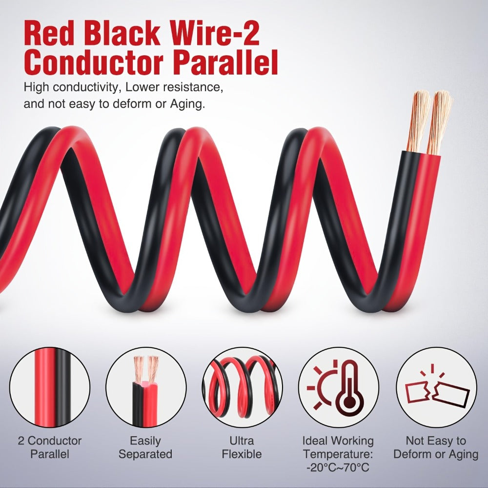 CCA Speaker Wire 16AWG – Red & Black Copper Clad Aluminum 2-Conductor DC Cable for Car Audio, Radio, Amplifier & Home LED Strip Lights