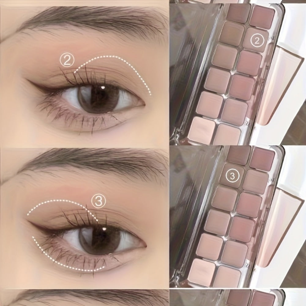 Eyeshadow Palette 12-Shade Neutral Pink and Brown Compact with Clear Lid and Brush Accessory