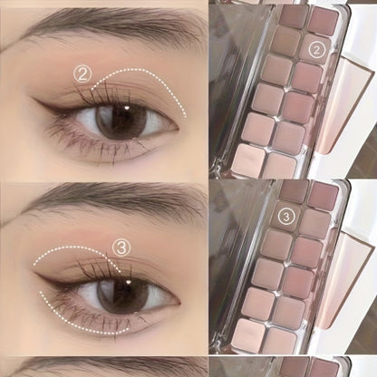 Eyeshadow Palette 12-Shade Neutral Pink and Brown Compact with Clear Lid and Brush Accessory