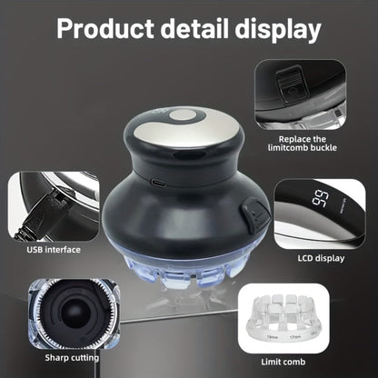 Round Hair Clipper for Self-Haircuts with Four 3-12 mm Length Settings, Two Guide Rings, USB Cable and Cleaning Accessories