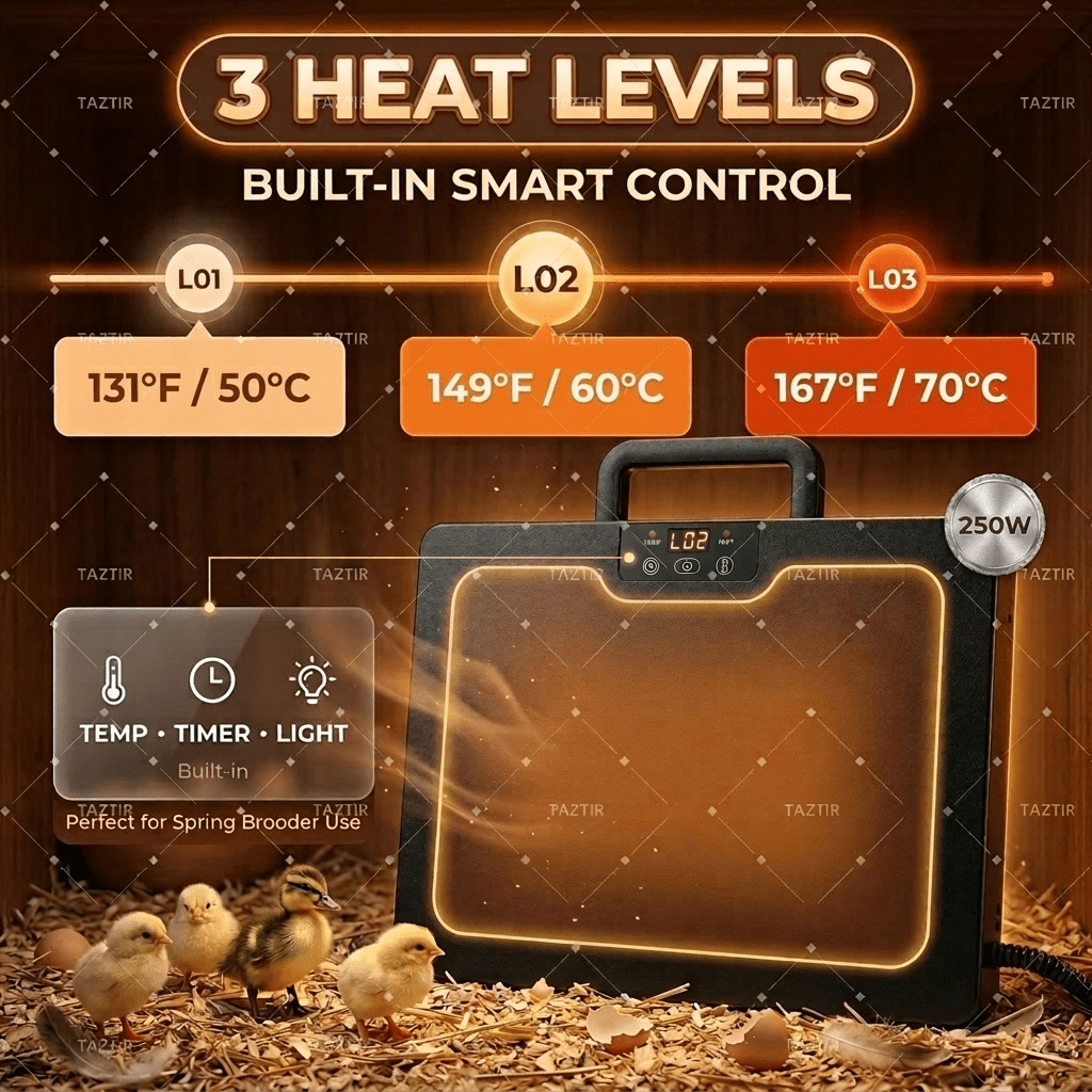 Brooder Heater 250W Heating Panel for Chicks, Ducklings & Quail, 3 Heat Levels, 4-Timer Settings