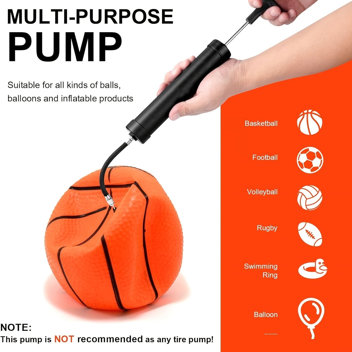 Portable Ball Pump Kit 8 Inch – Manual Air Pump with 5 Needles, Nozzle & Extension Hose for Basketball, Soccer, Football