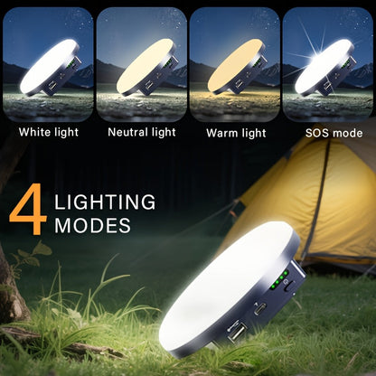 Round USB-Rechargeable Camping Lantern with Four Light Modes, Hanging Hook and Blue, White or Green Housing