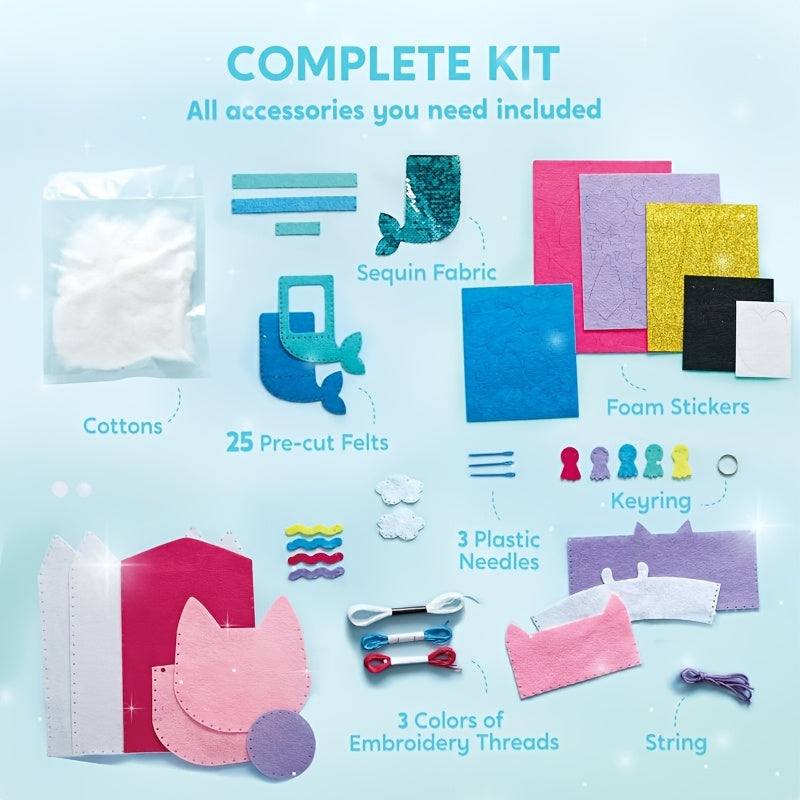 Kids Sewing Kit for Beginners 7 Felt Craft Projects, Pre-Punched Holes Safe Needles Mini Pillow Keychain Card Holder Cup Sleeve