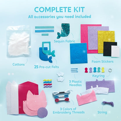 Kids Sewing Kit for Beginners 7 Felt Craft Projects, Pre-Punched Holes Safe Needles Mini Pillow Keychain Card Holder Cup Sleeve