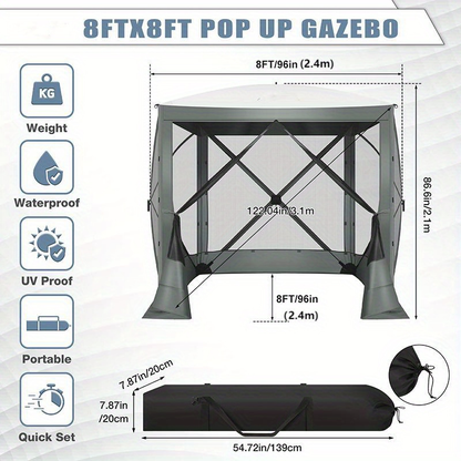 Pop Up Gazebo 8x8ft Mesh Screen Tent Portable Camping Garden Picnic for Garden, Patio and Yard Use
