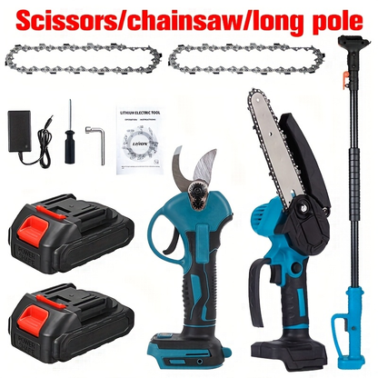 Pole Saw Set with Electric Chainsaw, 6-Inch Cordless Pruner, Long-Handle Scissor Kit, Safety Lock for Tree Pruning & Landscaping