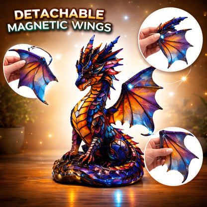 Dragon Sculpture with Light – Faux Stained Glass Resin Statue, Bohemian Accent Lamp, Fantasy Home Decor Figurine