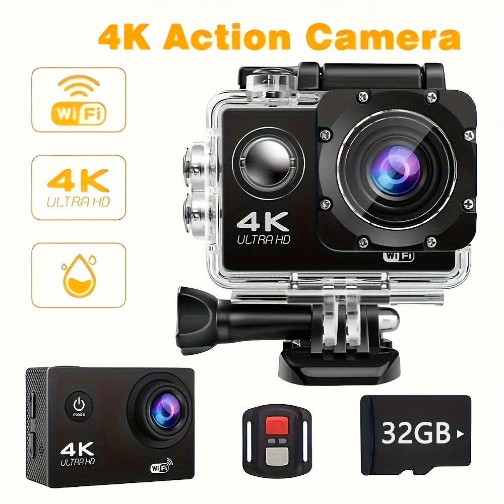 4K Sports Action Camera with WiFi, 170° Wide Angle, 32GB Card & Helmet Mount Kit – Pre-Recording, Remote Control, 900mAh Battery, 2" LCD