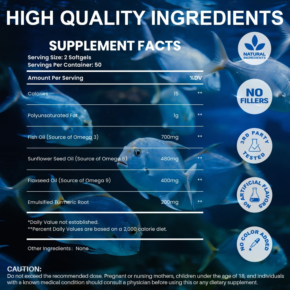 Omega 3 6 9 Supplement Softgels with Flaxseed, Fish Oil & Turmeric, Heart, Brain, Liver & Skin Support for Women & Men