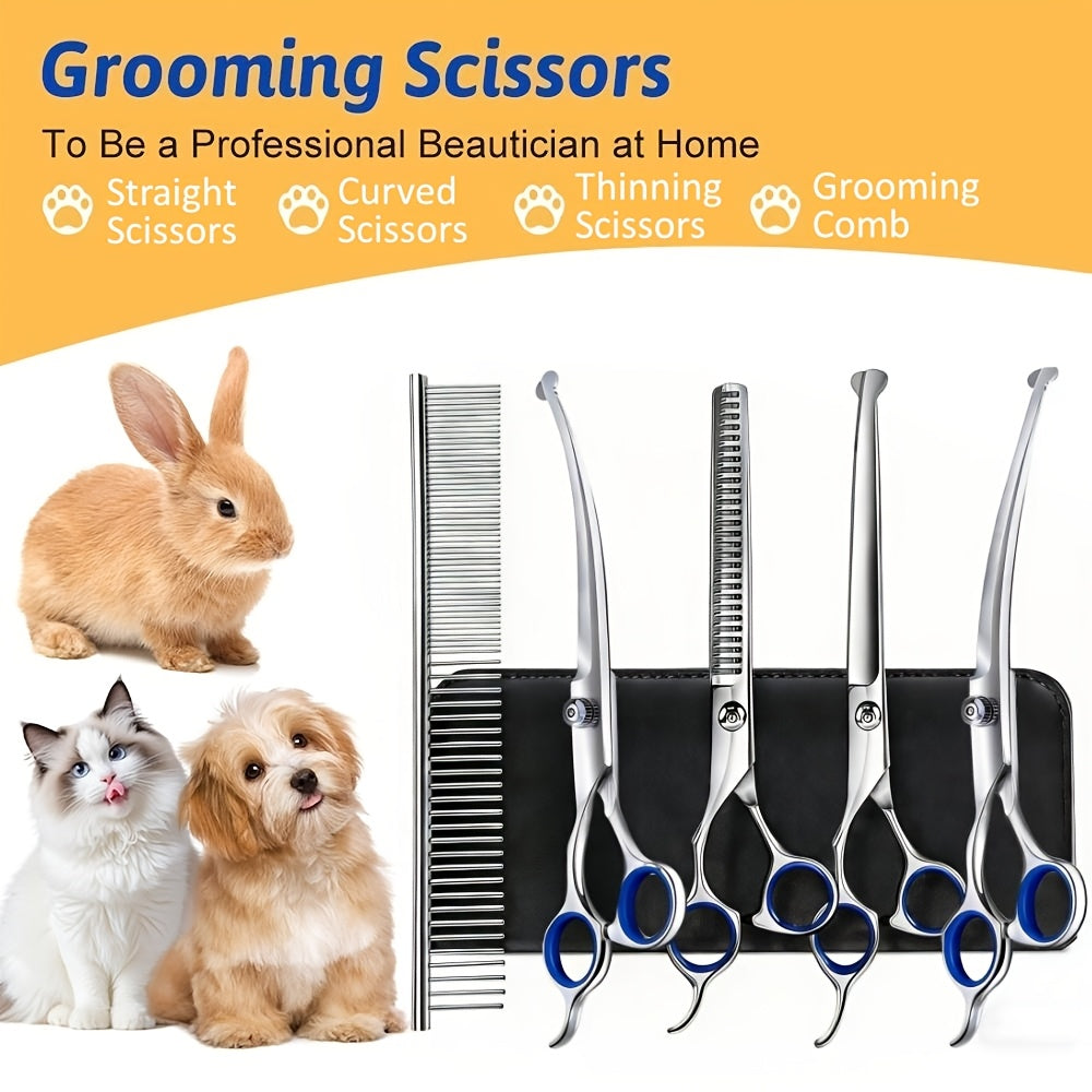 Pet Grooming Scissors Set, Seven-Piece 4CR Stainless Steel Kit with Straight, Curved and Thinning Shears