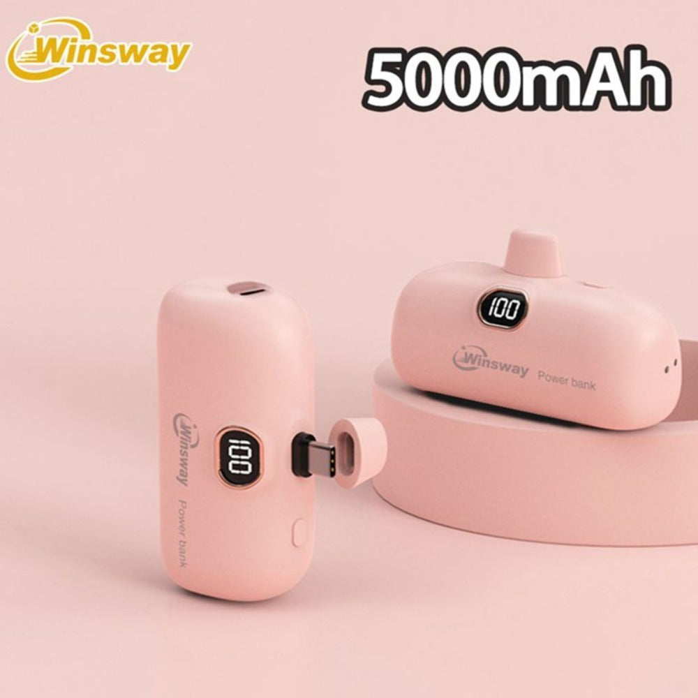 Power Bank 5000mAh Mini USB-C Plug-In Style with Digital Display in Pink or White for Travel