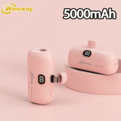 Power Bank 5000mAh Mini USB-C Plug-In Style with Digital Display in Pink or White for Travel
