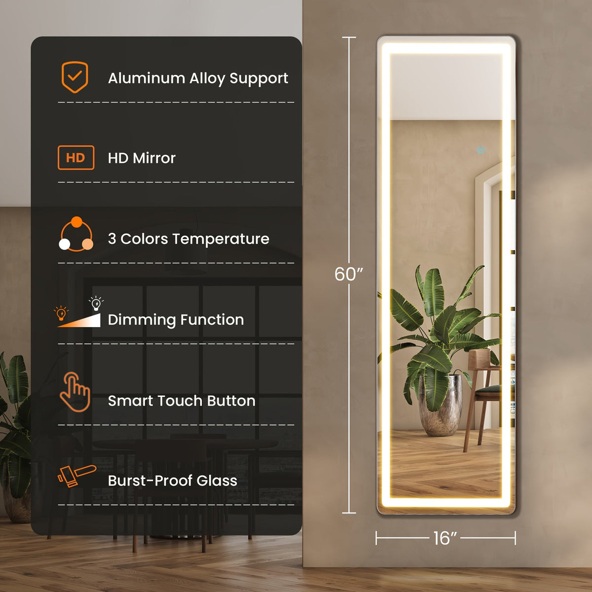 LED Full Length Mirror with Lights, Touch Control Lighted Full Body Mirror for Entryways, Bedrooms and Living Spaces