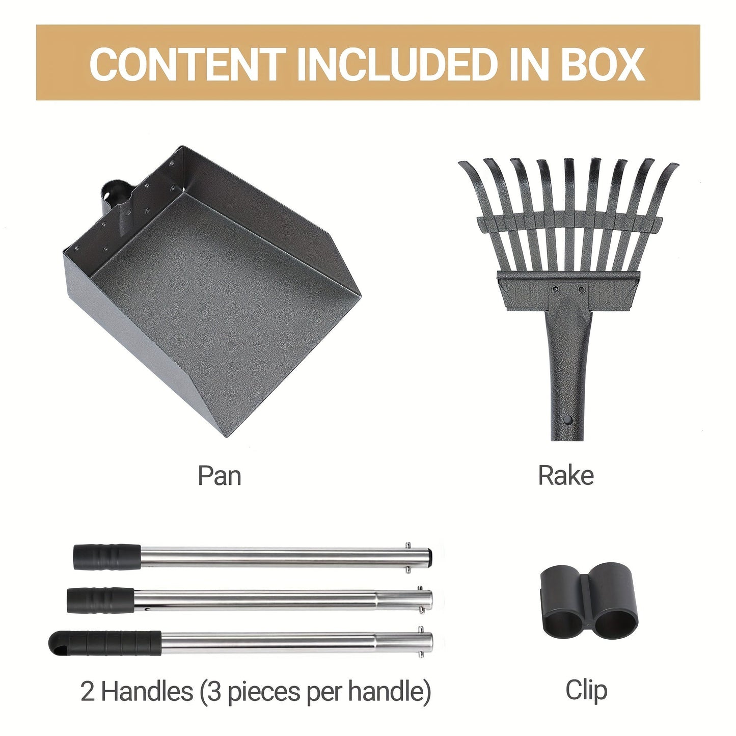 Long-Handle Pet Waste Rake and Tray Set with Two Three-Section Handles and Nine Color Options