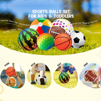 Kids Playground Ball Set 7-Pack with Air Pump, 10.6 Inch Outdoor Ball Plus 6-Inch Basketball Football Rugby