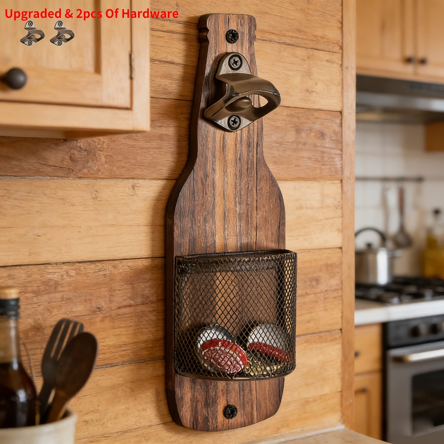 Wooden Bottle Opener Wall Mounted with Metal Cap Catcher – Handcrafted Rustic Beer Opener, Freestanding or Wall Mount, Holiday Gift for Men