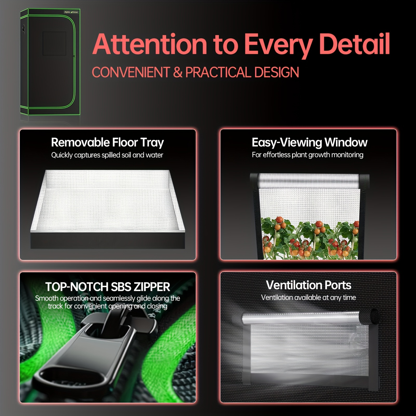 Grow Tent 1680D Thickened Mylar with Observation Window & Floor Tray, Pro-Grade Indoor Hydroponic Growing