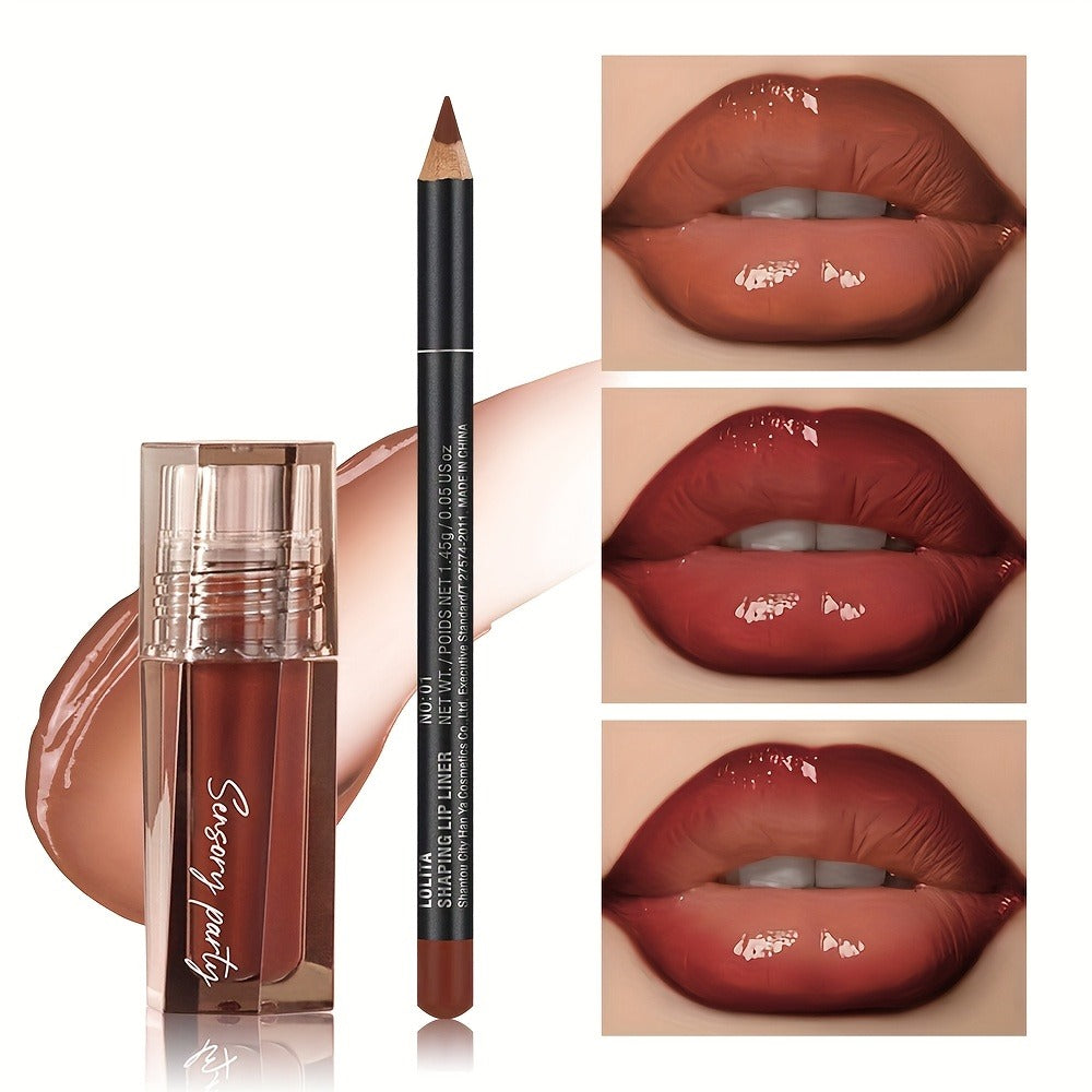 Lip Gloss Lip Liner Set Hydrating Water-Gloss Dewy Finish – 3D Precision Contour Matte Liner, for Makeup, Travel and Everyday Vanity Use