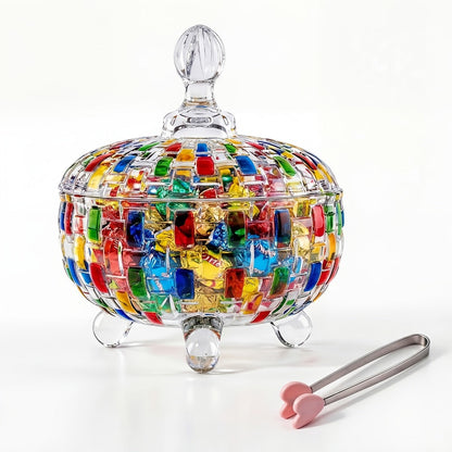 Crystal Glass Candy Dish with Lid & Tongs – Hand-Painted Colorful Candy Box, Jewelry Storage Jar, Christmas Gift for Family & Friends |