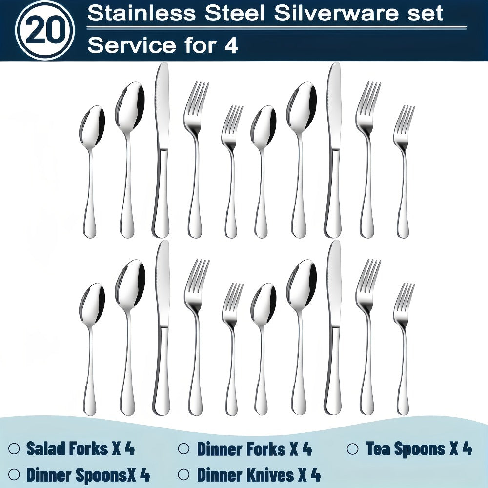 Stainless Steel Silverware Set 20 or 60 Piece – Heavy Duty Commercial Grade, Dishwasher Safe, Rust-Proof & Non-Toxic Bulk Kitchen Tableware