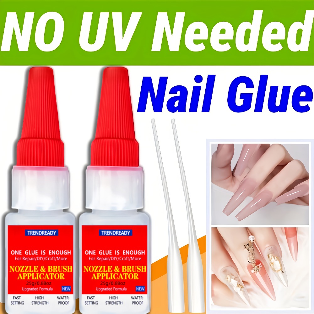 Nail Glue Salon Grade Super Glue 2-Pack, Clear Adhesive for Artificial Nails, Multi-Surface, with Dropper & Brush