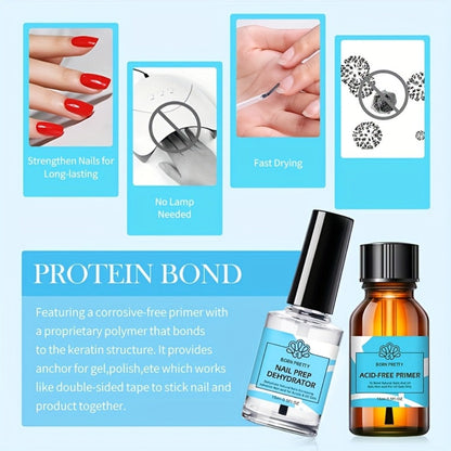 Gel Nail Prep Kit 4-Piece BORN PRETTY – Nail Dehydrator 15ml, Primer 15ml, Base Gel 10ml & Super Top Coat 10ml for Semi-Permanent