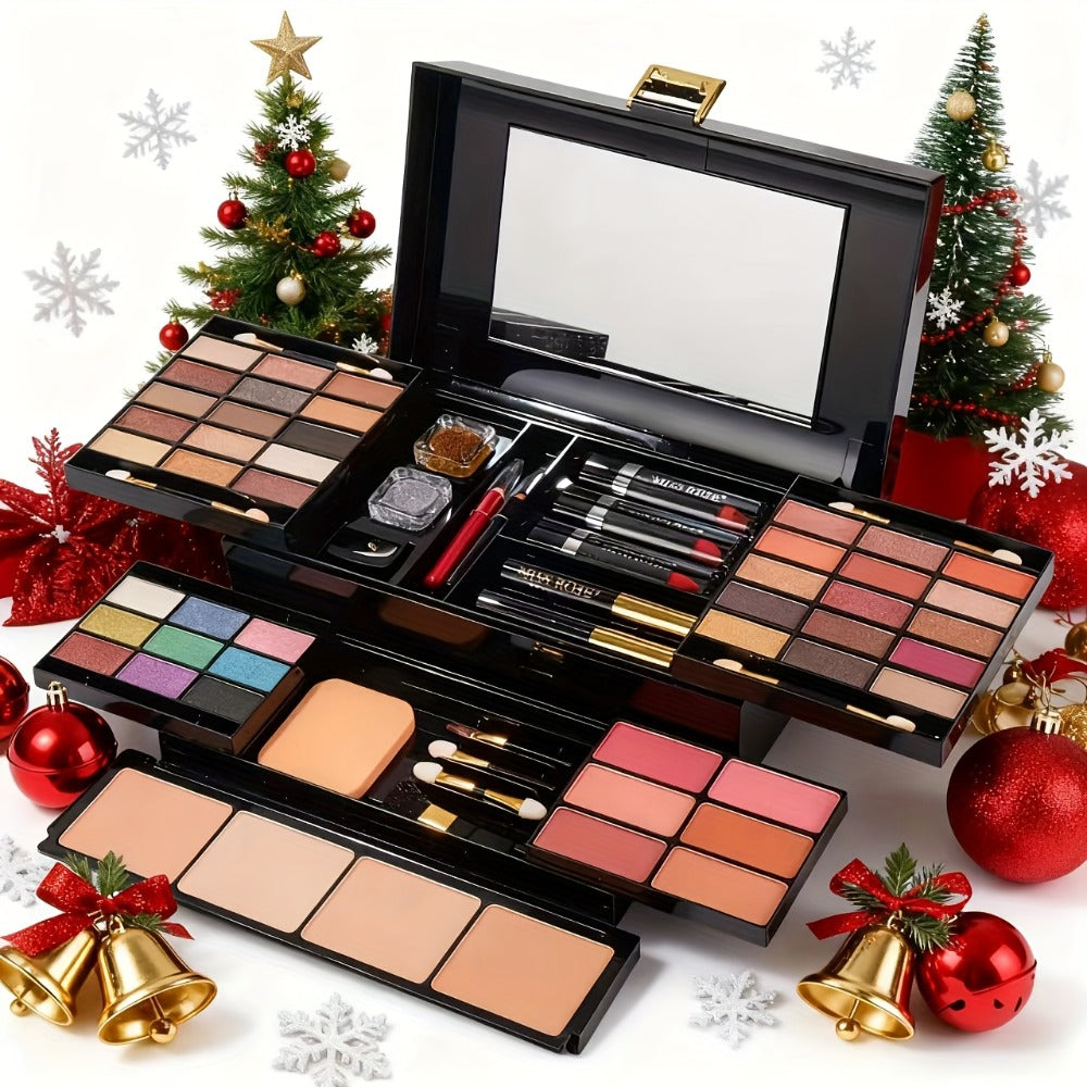 Makeup Kit 58-Color Black Mirror Case with Sliding Trays for Face, Eye and Lip Cosmetics plus Application Tools