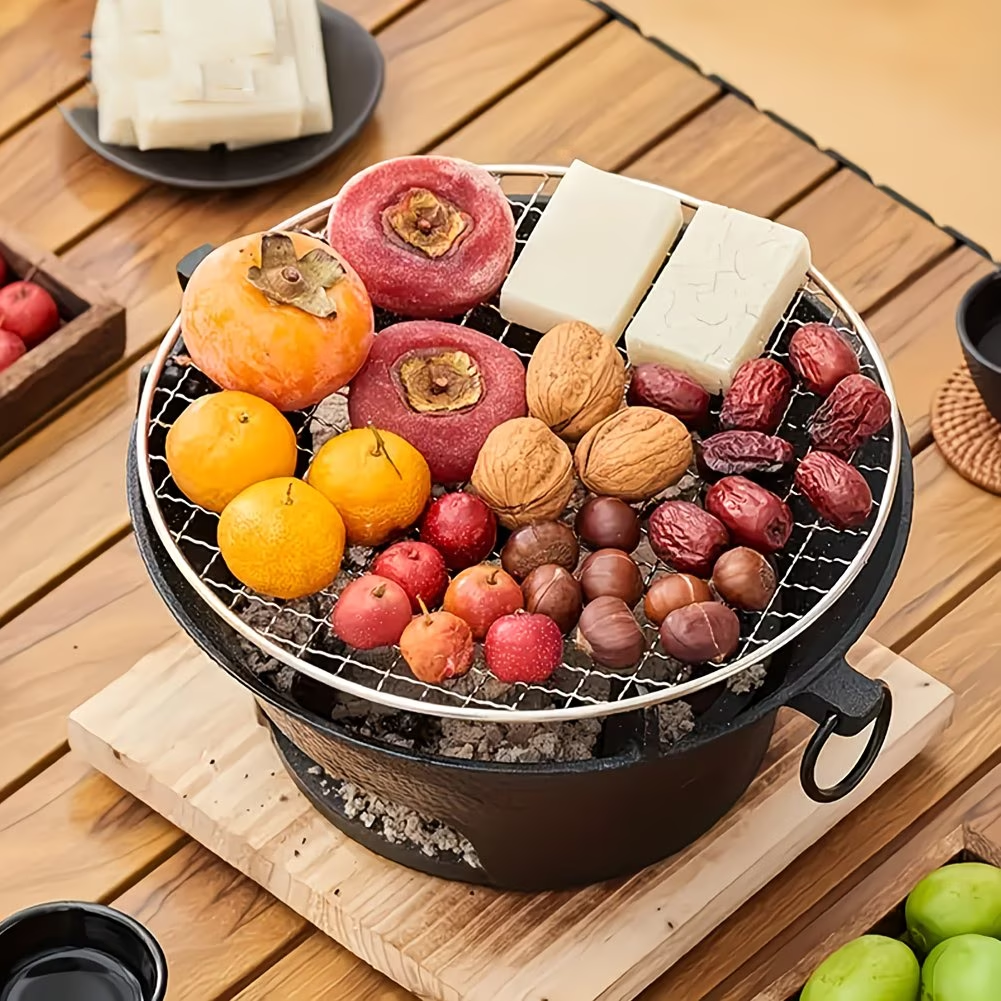 10.25-Inch Round Charcoal Grill with Cast-Iron-Labeled Body, Removable Cooking Grid and Wood Base