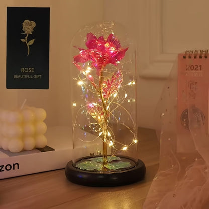 LED Rose Flower in Glass Dome, Eternal Foil Rose with LED Light, Romantic Valentine's Day Gift for Girlfriend