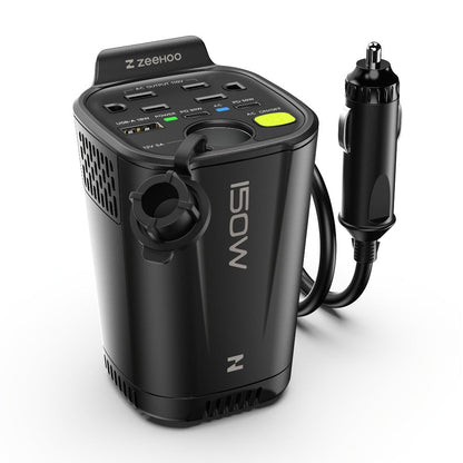 Black 150W Vertical Car Power Inverter with Two 110V AC Outlets, USB-A and USB-C Ports for Vehicles