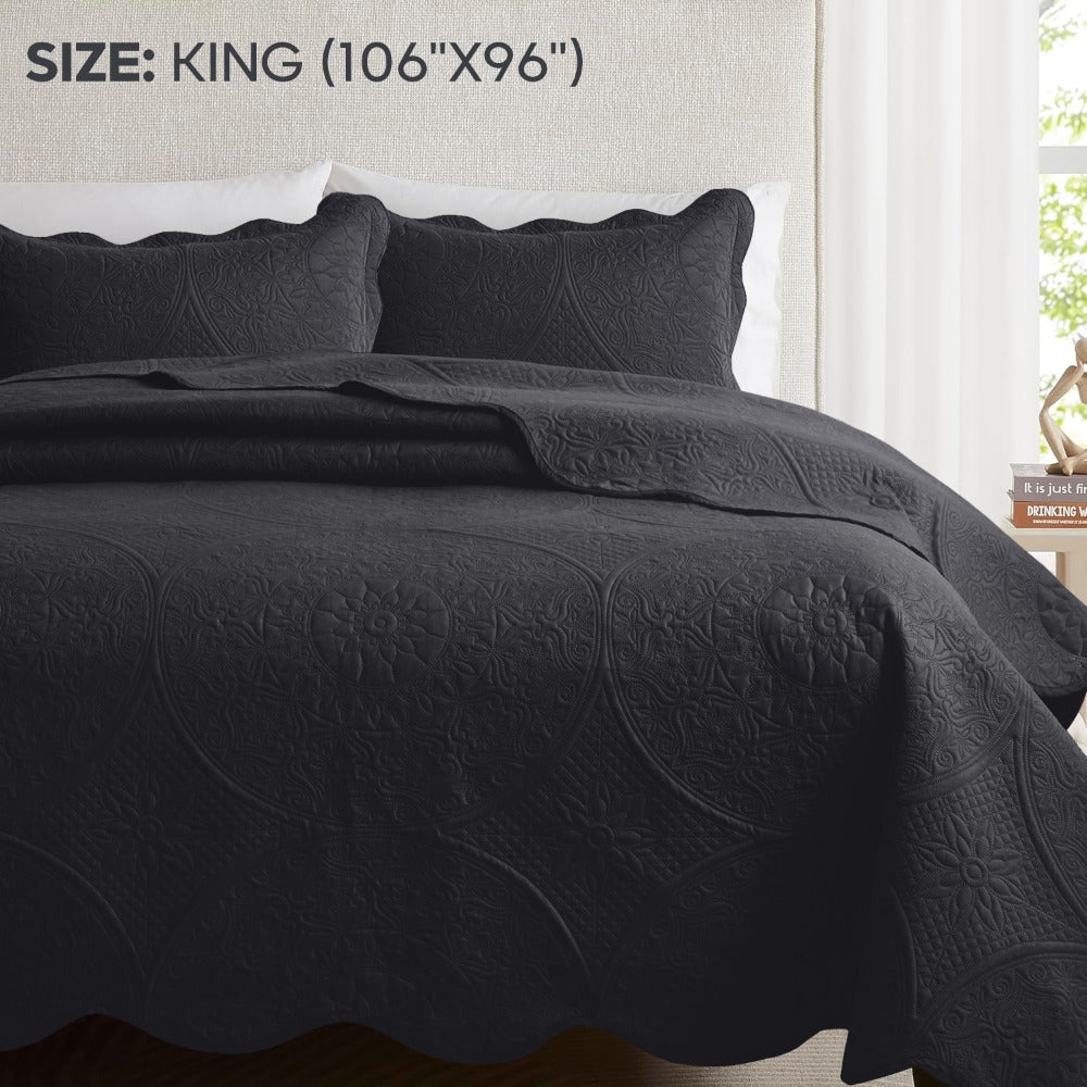 Floral-Pattern Three-Piece Bedspread Set in 16 Colors with Twin, Queen, King and California King Sizes