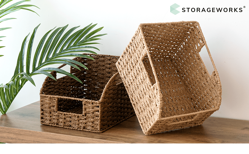 Water Hyacinth Pantry Storage Baskets 2-Pack with Seagrass Options and Integrated Shelf Handles