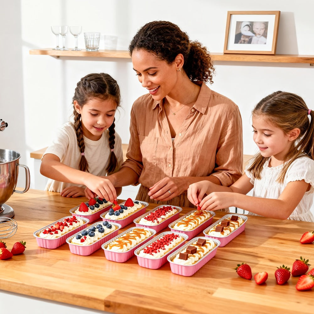 Mini Cake Pans 100 Pack with Lids and Spoons Aluminum Foil Rectangular Disposable Baking Pans for Entryways, Bedrooms and Living Spaces