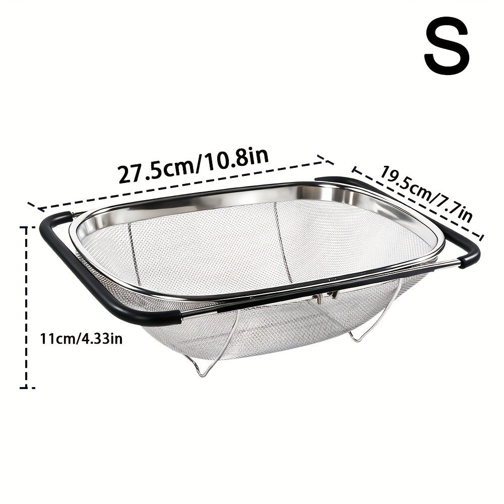 Expandable Sink Colander Stainless Steel, Over the Sink Strainer Basket with Fine Mesh & Rubber Grip