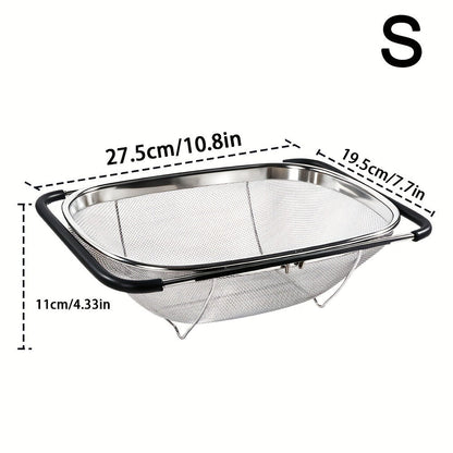 Expandable Sink Colander Stainless Steel, Over the Sink Strainer Basket with Fine Mesh & Rubber Grip