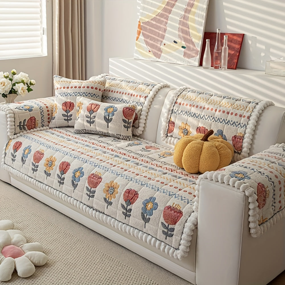 Sofa Cover Thick Milk Fleece Floral Quilted Panels with Ruffled Edge for 2, 3 or 4-Seater Sofas