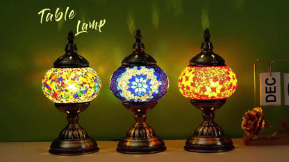 Turkish Moroccan Mosaic Table Lamp Handmade Crystal Glass Spherical Shade 3-Color Adjustable for Entryways, Bedrooms and Living Spaces