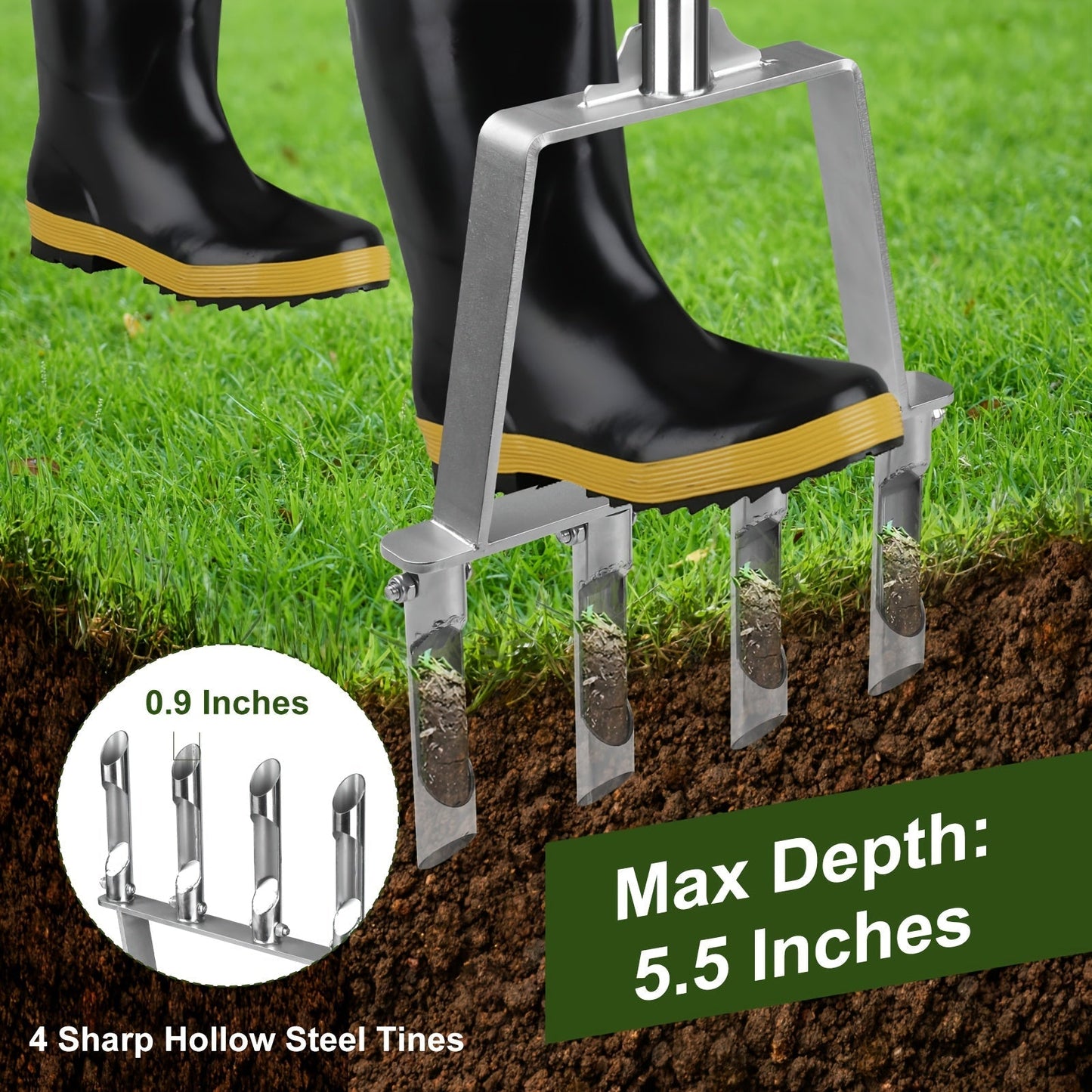 Four-Tine Manual Lawn Core Aerator in Black with T-Handle, Foot Bar and Hollow Plugging Tubes