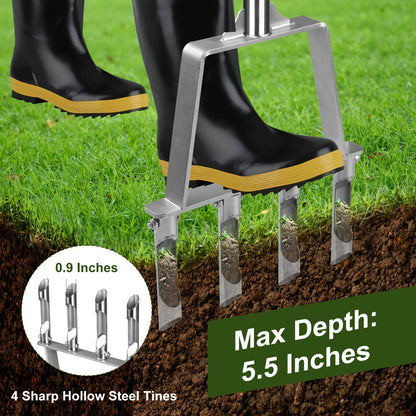 Four-Tine Manual Lawn Core Aerator in Black with T-Handle, Foot Bar and Hollow Plugging Tubes
