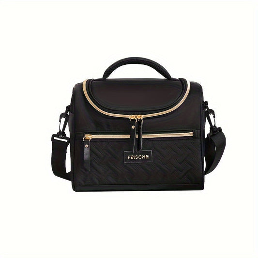 Quilted Lunch Bag Tote with Dual Zippers, Front and Side Pockets, Shoulder Strap and Four Colors