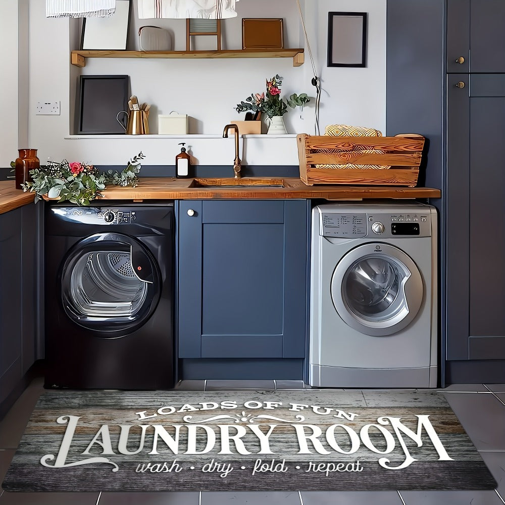Non-Slip Laundry Room Mat Wood Grain Design – Heavy Duty Washable Rubber Backing Carpet | Rustic Dark Brown & Gray Kitchen Bathroom Rug |
