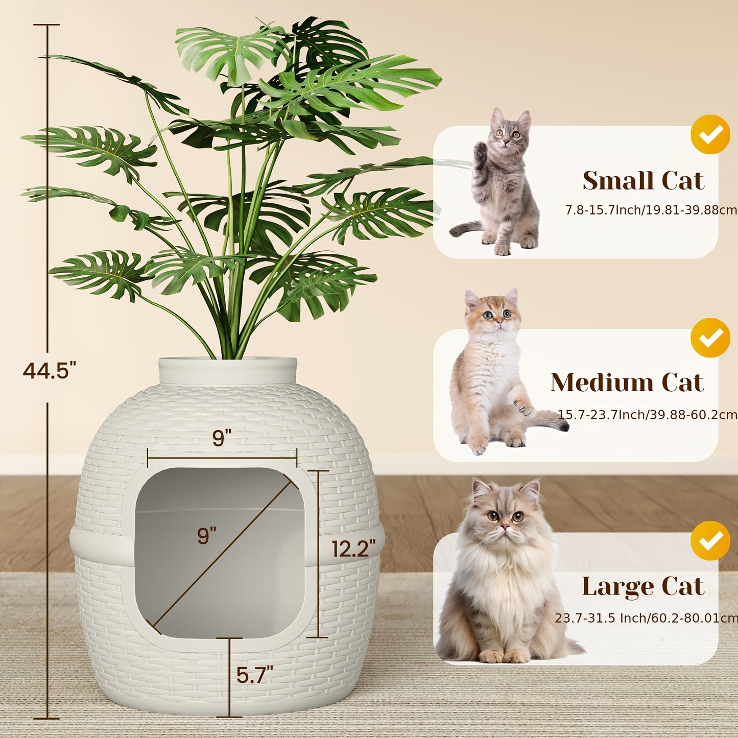 Hidden Litter Box Enclosure with Rattan Plant Design – Large Cat Litter Box Furniture, Waterproof PP, Easy Assembly